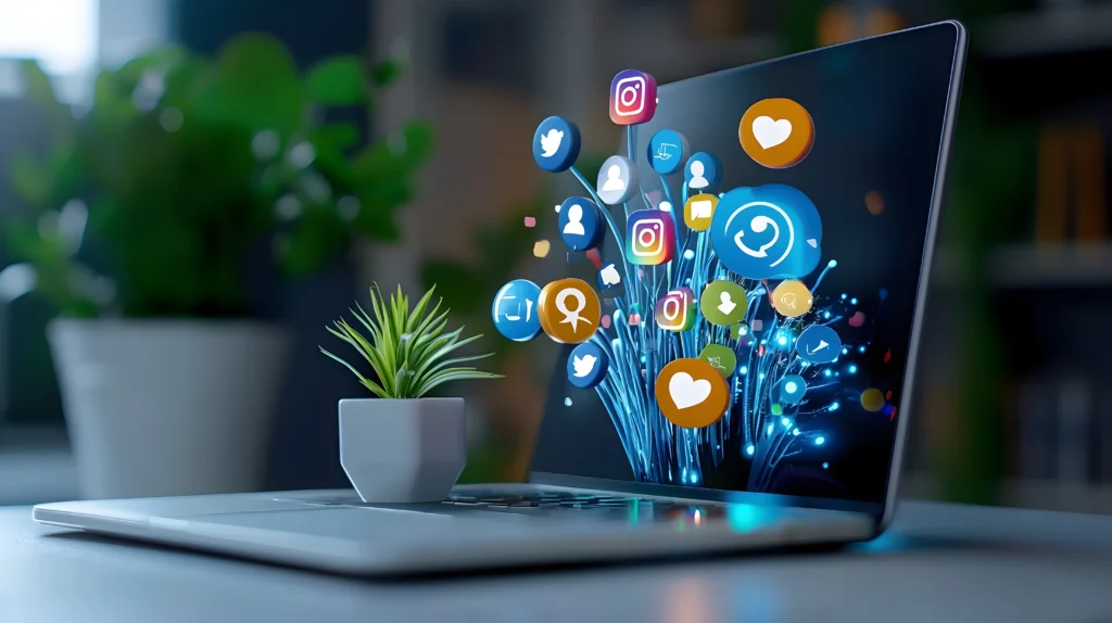 Social media icons emerging from a laptop